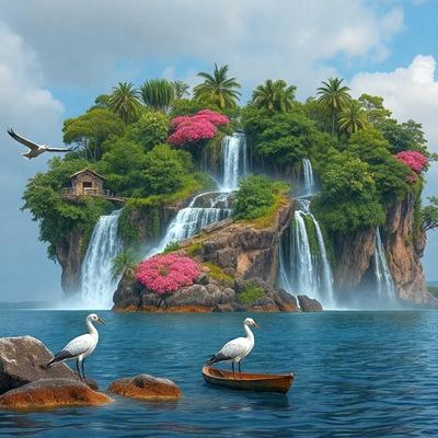 The primary subject of the image is a beautiful island with a waterfall, surrounded by a lush green forest. The island is home to a variety of birds, including two white birds sitting on rocks near the water. The setting is a serene body of water, with the island and waterfall as the main focus of the scene. The visual style of the image is a combination of photo and digital art, creating a realistic yet artistic representation of the island and its surroundings. The colors and mood of the image are vibrant and lively, with the green forest and blue water creating a sense of tranquility and natural beauty.